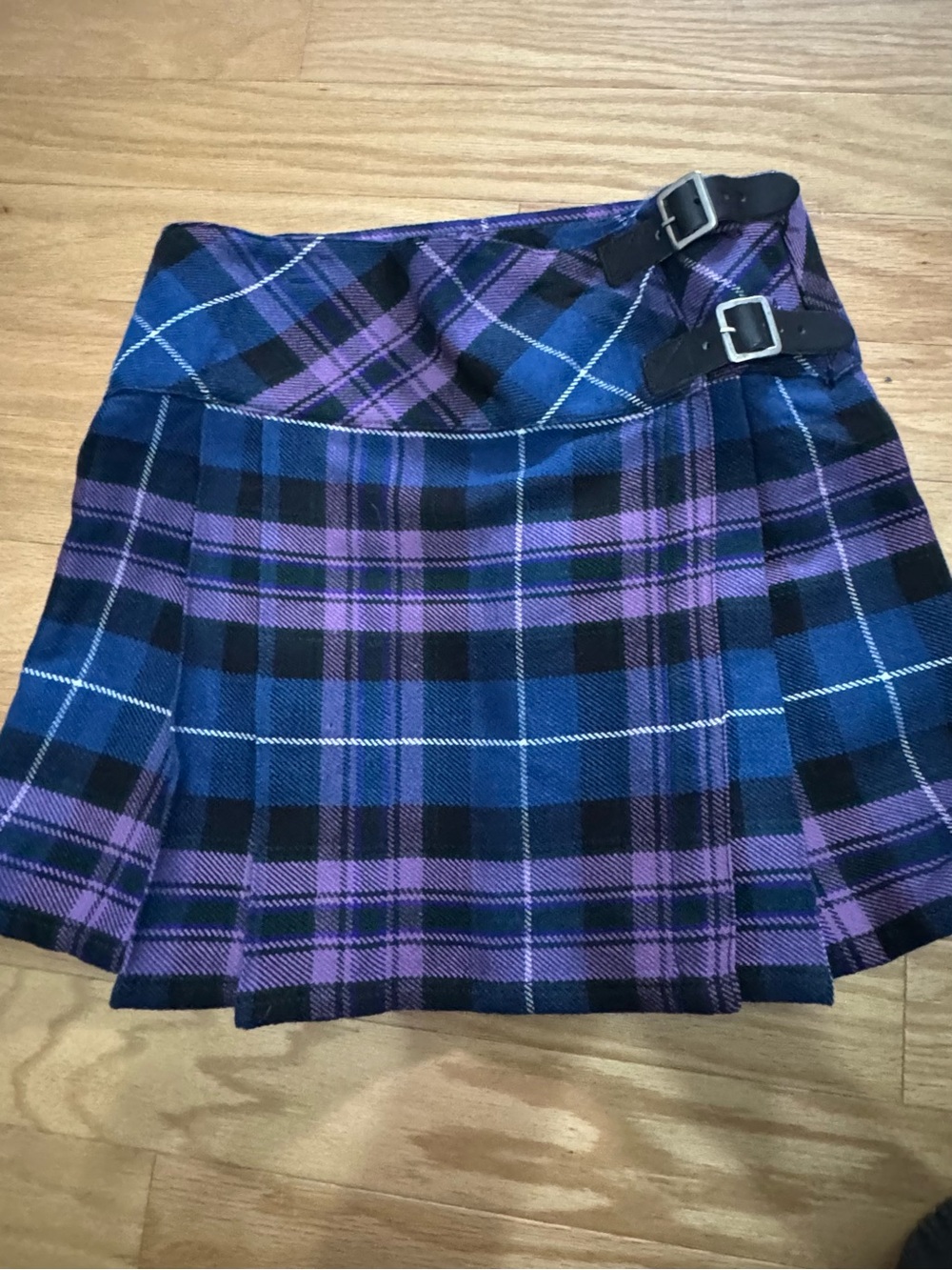 Plaid Pleated Mini Skirt with Buckle - Blue & Purple